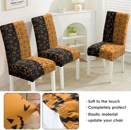 4 Pcs Halloween Dining Chair Covers, Spooky Pumpkin Stretch Removable Washable Seat Slipcovers, Horror Scary Kitchen Dining Room Hotel Decor