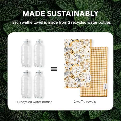 RECYCO Waffle Kitchen Towel Set of 2 - Quick Dry Microfiber Sustainable Dish Towels - Ultra Absorbent Reusable Cleaning Tea Towels - Lightweight Hand Towels,16”x 28”, Joyful Bees