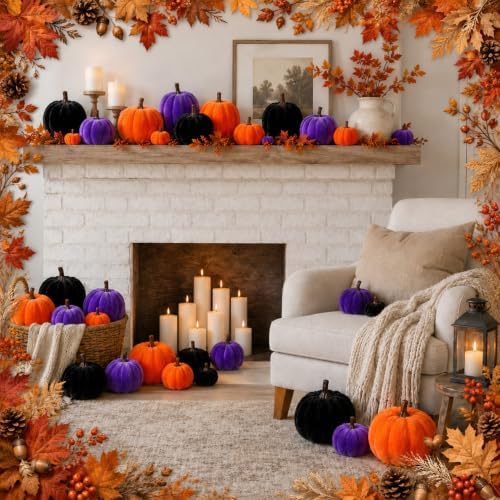Weysat 24 Pcs Classic Artificial Pumpkins Fall Decor, Orange Purple Black