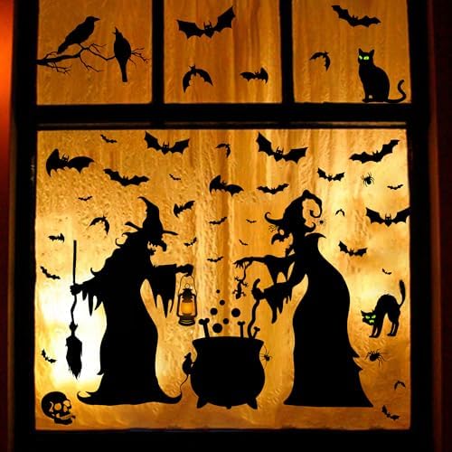 Halloween Decorations Window Clings Decor - Large Witches with Cauldron Bats Spider Black Cat Silhouette Halloween Window Stickers Decals for Home Indoor Outdoor Office Party Supplies