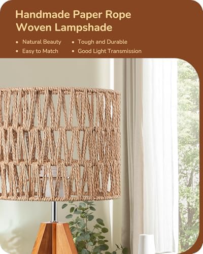 EDISHINE Rattan Small Table Lamp, Boho Nightstand Lamp, 14.2", E26 Base