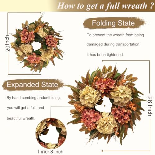 26 Inch Fall Hydrangea Wreath for Front Door, Thanksgiving Harvest Decor