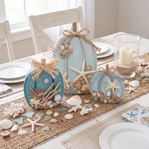 Colingmill 3 Pcs Coastal Fall Wooden Pumpkin Blue Fall Decoration for Home