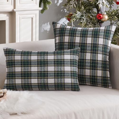 MIULEE Christmas Plaid Pillow Covers Scottish Tartan 18x18 Green and White