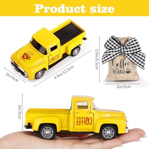 Hooqict Coffee Bar Decor Mini Metal Yellow Truck with Coffee Beans Burlap Sack for Summer Fall Home Farmhouse Kitchen Tiered Tray Decor Coffee Bar Accessories Coffee Station Decoration