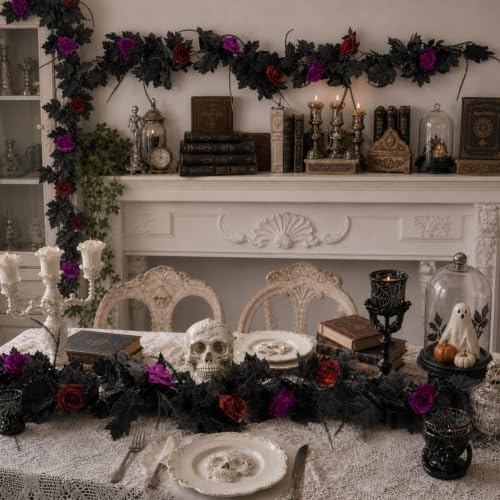 Mega-L Halloween Garland, 2 Pack Black Maple Leaf with Rose Halloween Decor