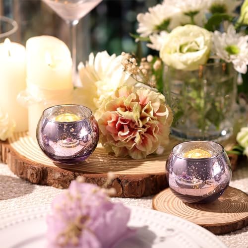 Volens Round Purple Votive Candle Holder Set of 12, Mercury Glass Votives