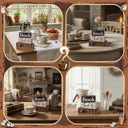 Moucuny 4 Pcs Farmhouse Table Decor Rustic Wooden Book and Coffee Signs