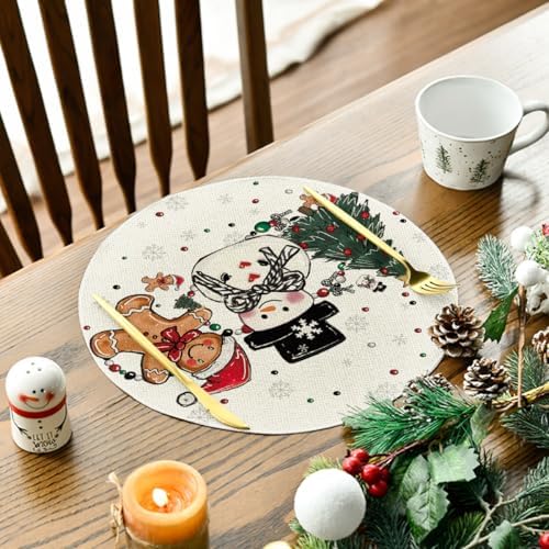 Artoid Mode Snowman Tree Round Christmas Placemats Set of 4, 14 Inch Seasonal Winter Place Mats for Gift Party Table Dining Decoration