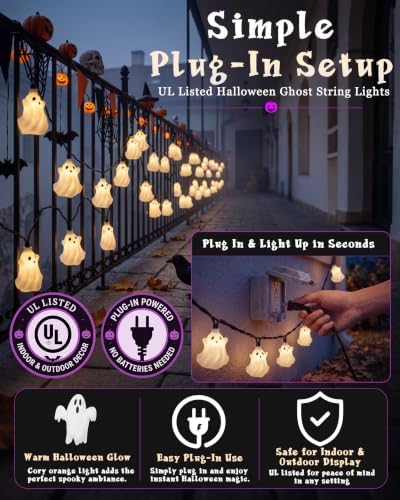 8.5FT Halloween White Ghost String Lights, Plug-in 10 LED Decor