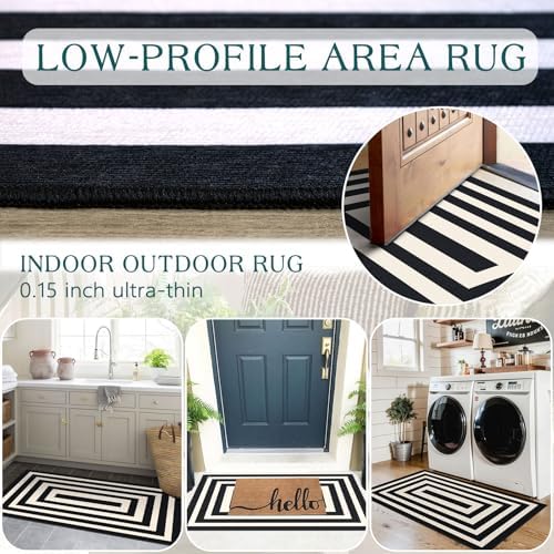 Front Door Mat Indoor Entrance 2x4.3 Modern Black White Striped Rug