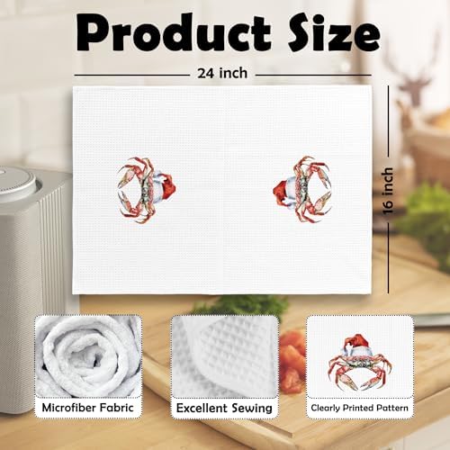 XPH Christmas Beach Kitchen Dish Towels, Crab Shark Gifts for Women, Coastal Crab Shark Christmas Hand Towels Kitchen Tea Towel Decorations, Coastal Xmas Bathroom Decor, 16x24inch Set of 2