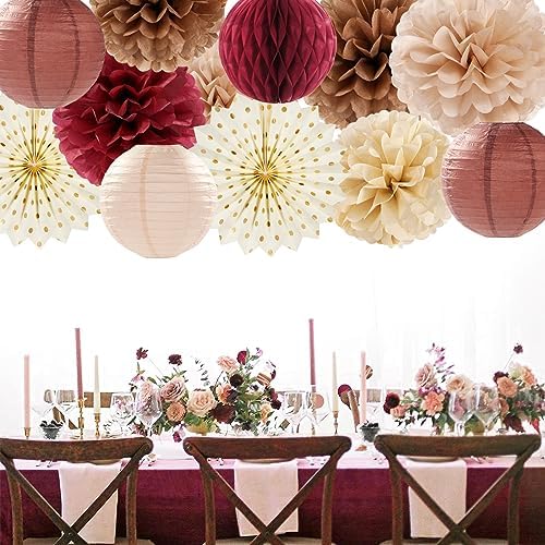 Brown Burgundy Champagne Boho Party-Decorations - 14pcs Rustic Wedding Paper Lanterns Fan,Tissue Pom Poms Streamers,Honeycomb,Fall Autumn Birthday Baby Bridal Shower Engagement Decor Lasting Surprise