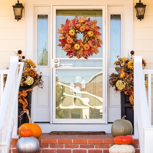 Sggvecsy Fall Wreath 23’’ Artificial Autumn Front Door Wreath with Large Pumpkins Clusters of Berries Maple Leaves Acorn for Outside Indoor Wall Window Festival Thanksgiving Harvest Fall Decor