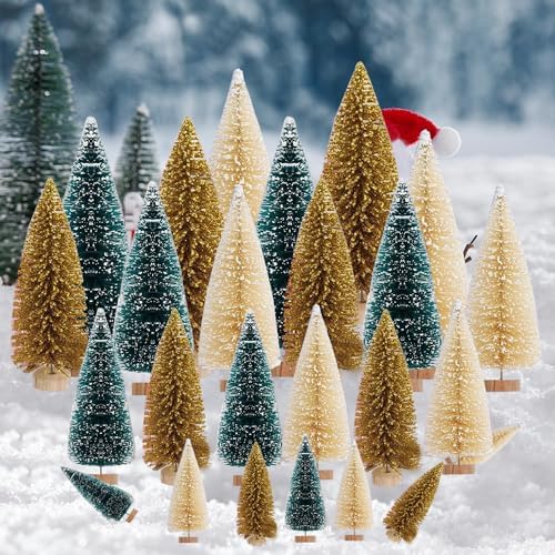 Yahpetes Christmas Trees 24 Pcs Artificial Miniature Pine Trees 4 Sizes Sisal Trees with Wood Base Bottle Brush Trees Tabletop Tree for Crafting Displaying Decoration (Blue-Green,White,Gold 24Pcs)