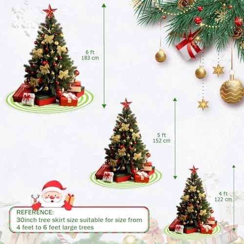 30 Inch Green and White Christmas Tree Skirt with Pom Poms