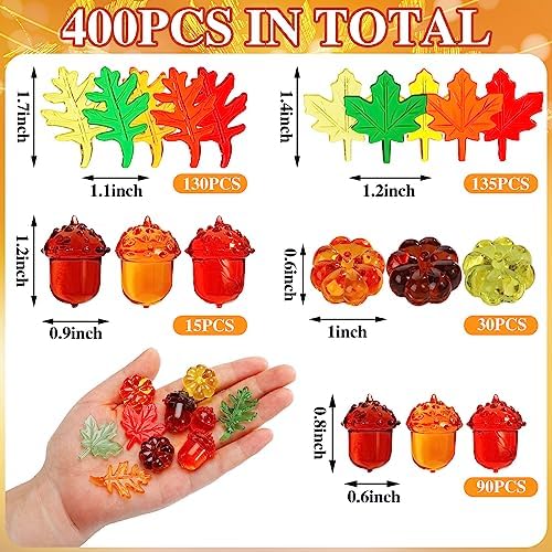Frienda 400 Pieces Acrylic Fall Vase Filler Mini Pumpkins Leaves Maple Acorns Sensory Bin Filler for DIY Crafts Home Decoration Thanksgiving and Autumn Table Centerpieces