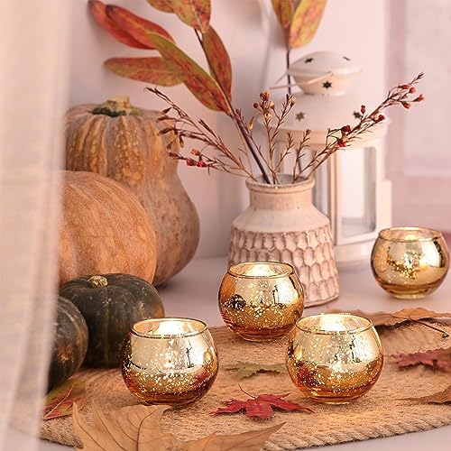 Volens Round Gold Votive Candle Holders, Mercury Glass Votives Set of 12