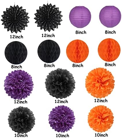 Black Orange Purple Halloween Party-Decorations - 14pcs Kits Paper Lanterns Fan,Tissue Flower Pom Poms Streamers,Honeycomb Balls,Graduation Birthday Wedding Baby Bridal Shower Decor Lasting Surprise