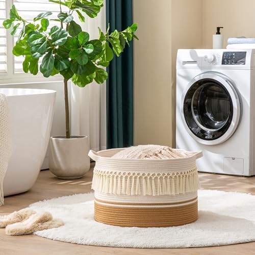 KAKAMAY Large Blanket Basket (20"x13"),Woven Baskets for storage Baby Laundry Hamper, Cotton Rope Blanket Basket for