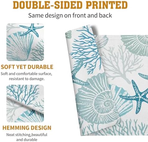 Nautical Coastal Blue Placemats Set of 4 Summer Teal Turquoise Beach Theme Linen Table Mats Ocean Coral Seashell Starfish Decorative Place Mats for Party Kitchen Dining Outdoor Indoor Decor