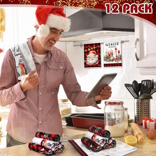 VitalCozy 12 Pcs Christmas Kitchen Towels, 14.2 x 21.3 in Plaid Dishcloths