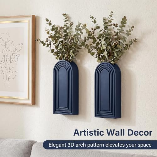 Dnnnii 2 Pack Wooden Wall Vase Set - Blue Finish Modern Farmhouse & Boho Wall Decor for Entryway, Hallway, Bathroom