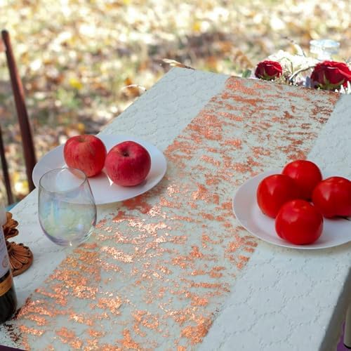 Snowkingdom Rose Gold Table Runner 11 Inch x 100 Feet Glitter Sequin Metallic Pink Thin Mesh Runner Sparkly Table Decorations for Birthday, Wedding, Bridal Shower, Baby Shower Party