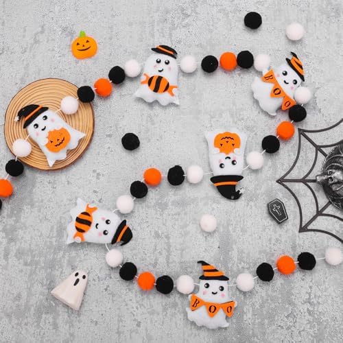 Whaline Halloween Felt Banner Cute 3D Ghost Hanging Garland Black Orange White Pom Ball Banner for Home Mantel Wall Window Decor Trick or Treat Party Supplies