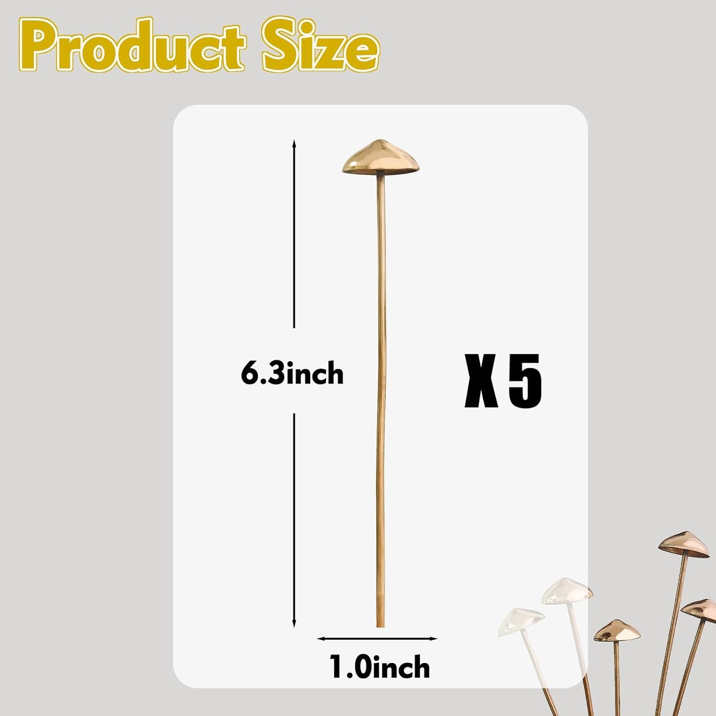 Brass Fake Mushroom Plant Stakes Metal Fairy Garden Decor for Potted Plants Indoor / Set of 5