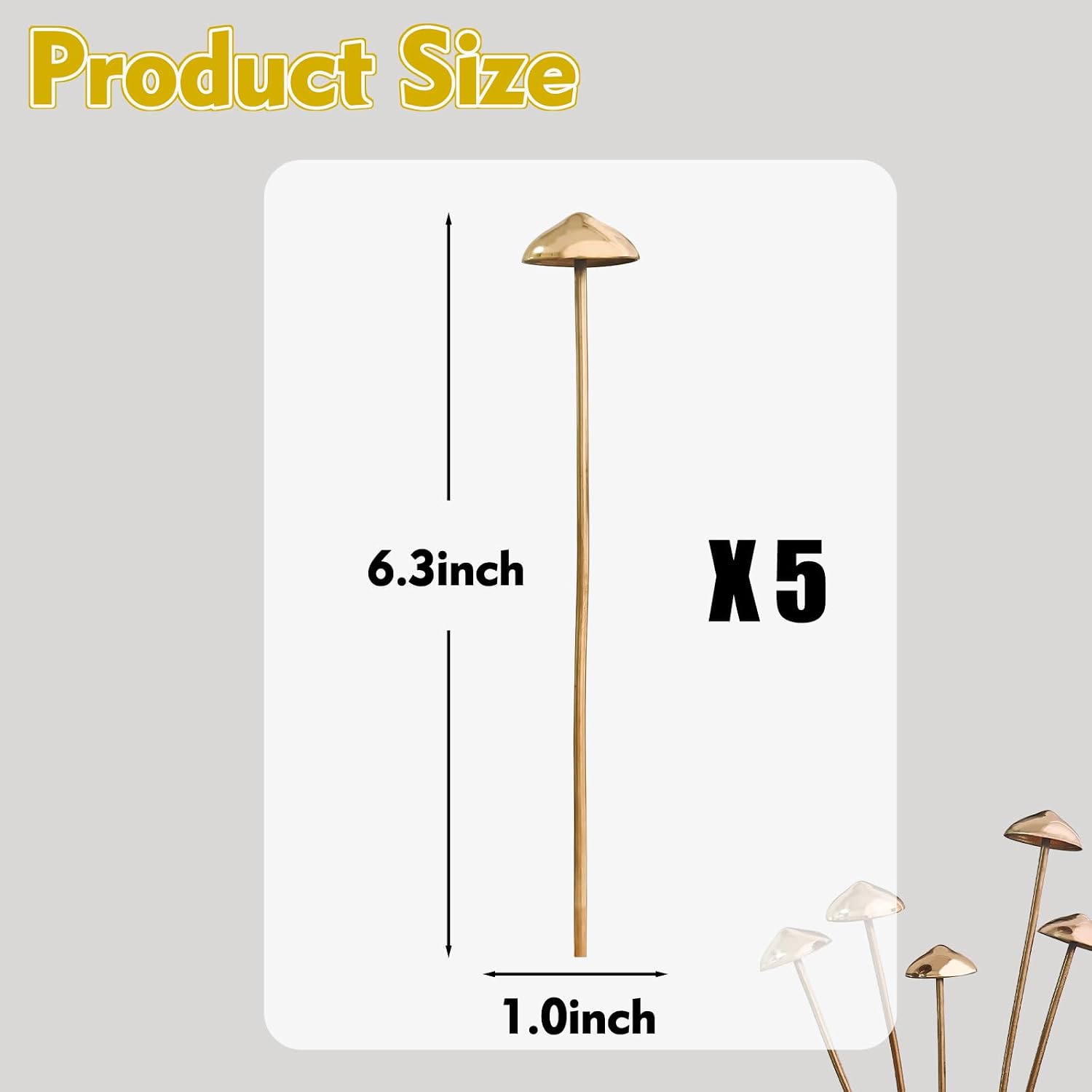 Brass Fake Mushroom Plant Stakes Metal Fairy Garden Decor for Potted Plants Indoor / Set of 5