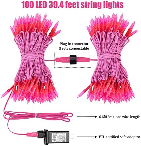 Minetom Pink Mini Christmas Lights - 39 Feet 100 LED Fairy String Lights with 8 Lighting Modes Waterproof Connectable for Indoor Outdoor Xmas Tree Garland Wreath Holiday Valentine's Day Decoration