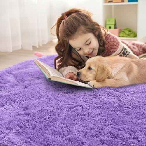 OLANLY Purple Round Rugs for Bedroom - Machine Washable, 8 ft Circle Area Rugs for Living Room, Soft and Fluffy Shaggy