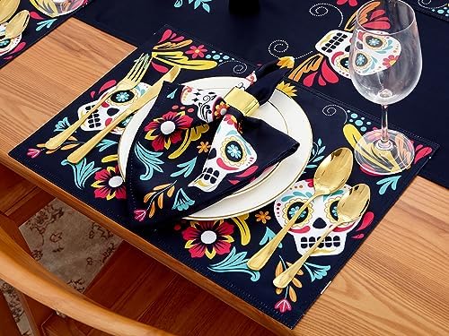 YiHomer Day of The Dead Halloween Tabletop - Dia De Los Muertos Floral Skeleton Mask, Cinco De Mayo Mexican Fiesta Party Home Kitchen Dining Room Decor, Sugar Skull, Napkin Set, 20 x 20