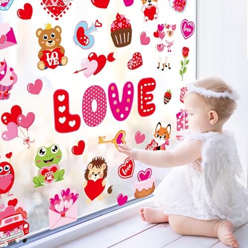 Whaline 9 Sheets Valentine's Day Cartoon Window Cling Stickers Red Pink Love Heart Cake Gnome Reusable Window Decals for Wedding Anniversary Party Home Office Classroom Decoration