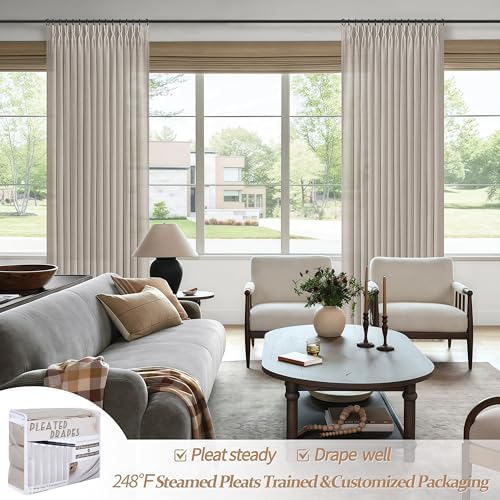 PleatedDrapes Linen Sheer Tall Windows Curtains 100 Inches Long for Living Room, Memory Trained Pinch Pleated Light