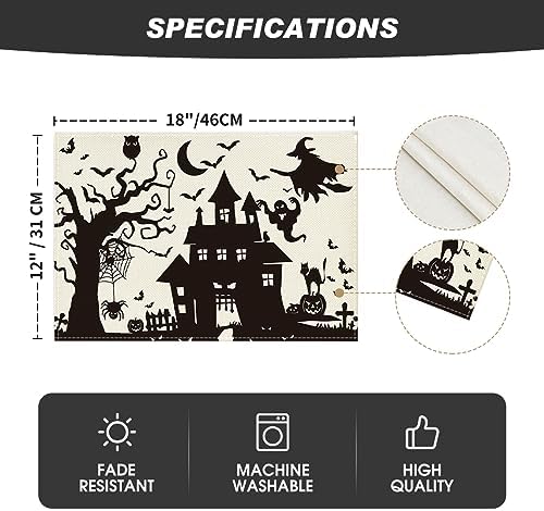 Artoid Mode Black White Spooky Haunted House Tree Ghost Witch Halloween Placemats Set of 6, 12x18 Inch Fall Table Mats for Party Kitchen Dining Decoration
