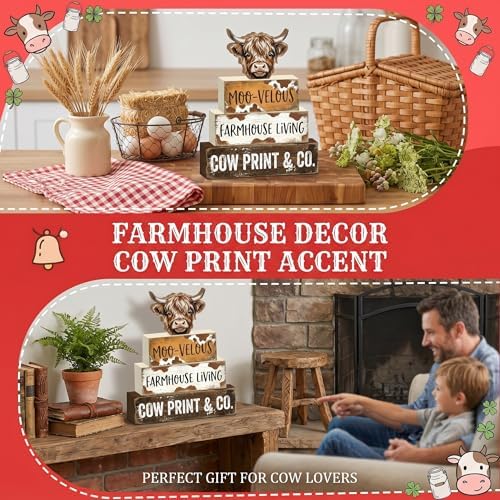 Britimes Tiered Tray Decor Set, 4 Pack, Wooden Table Sign, Highland Cow