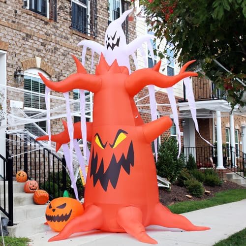 GOOSH 10 FT Halloween Inflatables Tree Outdoor Decorations Blow Up Yard Scary Dead Tree with Pumpkin and Ghost with Built-in LEDs for Garden Lawn Indoor Party Decor