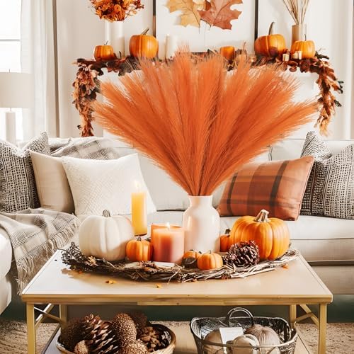 obbsie 150PCS Orange Faux Pampas Grass Decor, 21.6" Fluffy Vase Filler