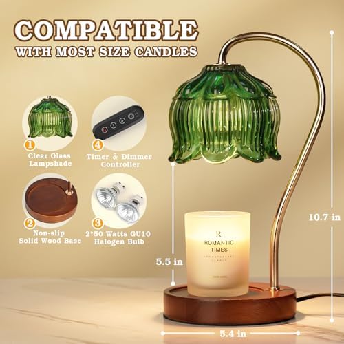 Funistree Green Candle Warmer Lamp with Timer, Dimmable Flower Candle Lamp Warmer, Vintage Christmas Birthday Gifts for