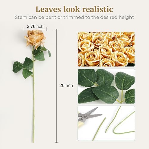 Auihiay 60PCS Gold Rose Artificial Flowers, Faux Silk Roses