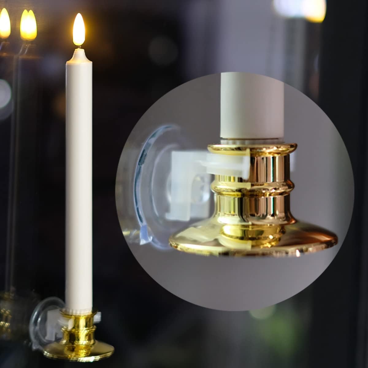 6 Pack Windows Candles with 12 AA Batteries(Include, Run More Than 400 Hours) + 6 Golden Removable Candlesticks + 6