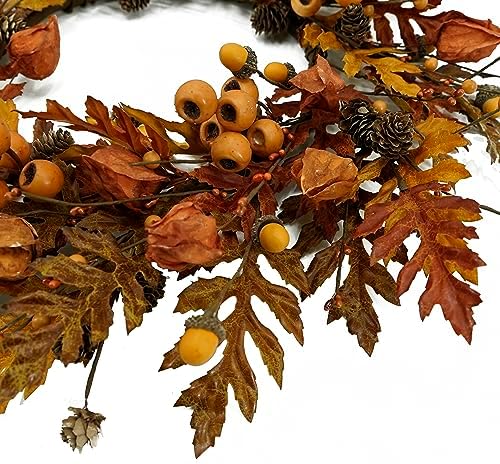 WreathDream 20 inch Fall Wreath Autumn Oak Leaves Wreath with Cape Gooseberry,Oak Leaf,Acorn,Berry,Pine Cone for Front Door Farmhouse Indoor Outdoor Festival Home Decor