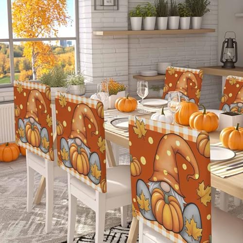Fall Chair Covers Set of 4 Pumpkin Gnome Chair Slipcover Protector Removable Stretch Chair Covers Maple Leaf Orange Buffalo Plaid Thanksgiving Chair Back Covers for Dining Chairs Kitchen Holiday Party