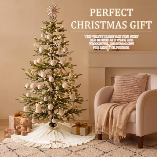 Velvet Christmas Tree Skirt, 36 Inches, Bow Style, Ivory White