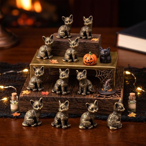 Civaner 50 Pcs Halloween Mini Brass Figurine Miniature, Cat