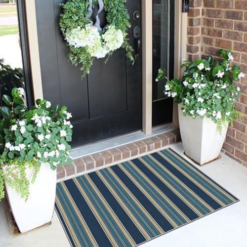 Front Door Mat Outside Entrance, 2x3 Navy Blue Coastal Striped Rug