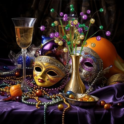 Watayo 4 Pack 15" Large Mardi Gras Ball Centerpiece Stems, Mardi Gras Artificial Glitter Berry Stems Ornaments, Shiny Purple Gold Green Berry Branches Twigs Picks Sprays for Carnival Party Home Decor
