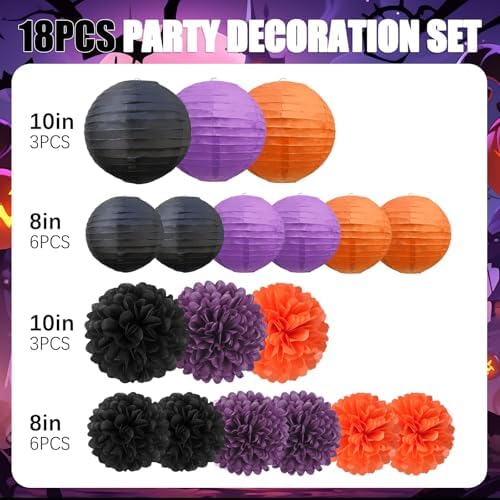 18 PCS Black Orange Purple Paper Lanterns & Tissue Paper Pom Poms for Halloween Birthday, Wedding, Hanging Paper Party Decoration Set for Indoor Outdoor Fall Celebration